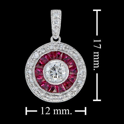 Art Deco Style Diamond & Red Pink Ruby Halo Set 14K White Gold Pendant