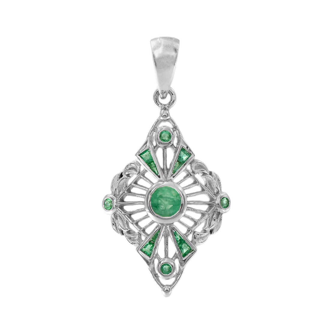 Green Emerald Art Deco Style 14K White Gold Pendant
