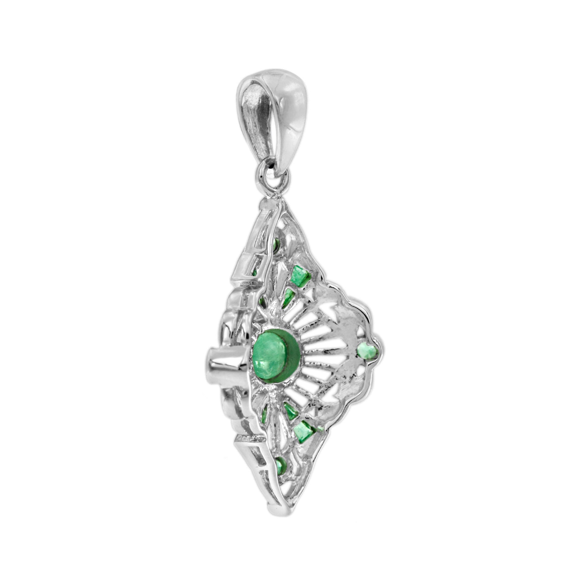 Green Emerald Art Deco Style 14K White Gold Pendant