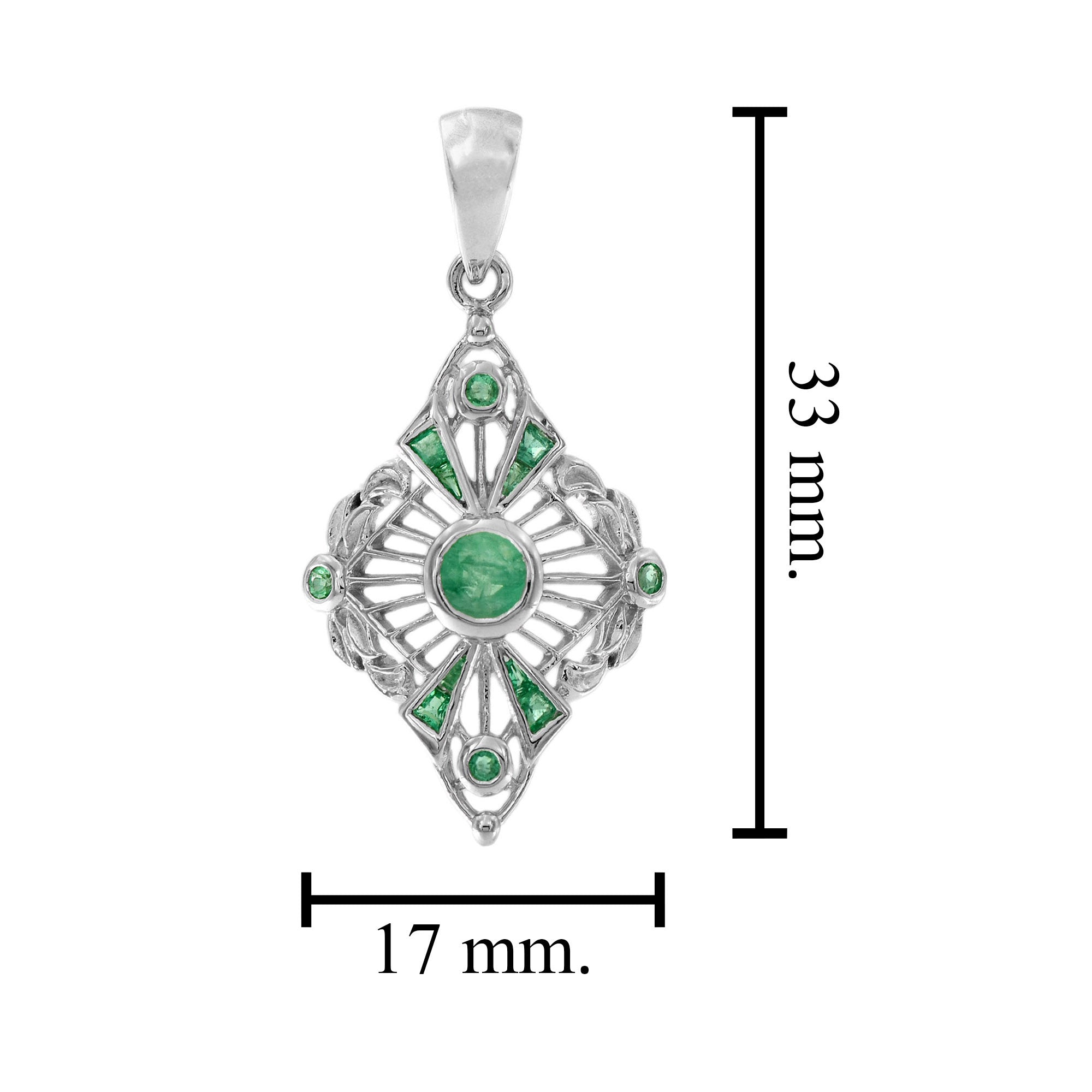 Green Emerald Art Deco Style 14K White Gold Pendant