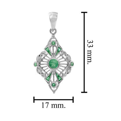 Green Emerald Art Deco Style 14K White Gold Pendant