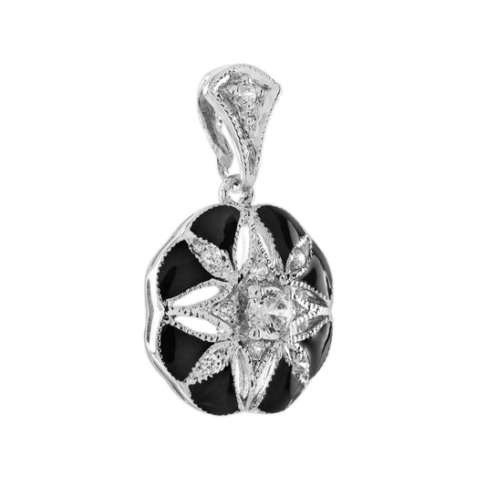 Diamond & Black Enamel Art Deco Style Floral Flower 14K White Gold Drop Pendant