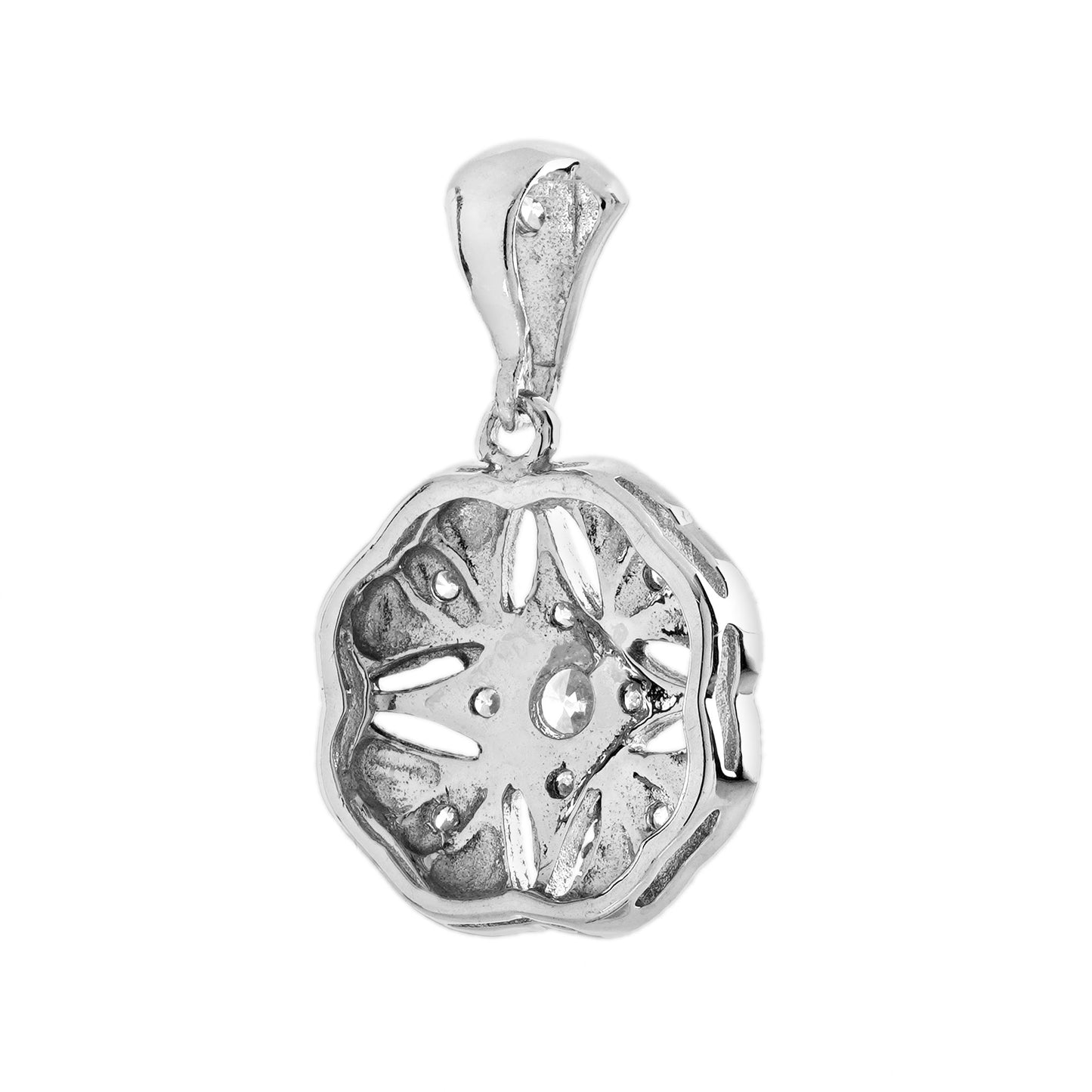 diamond & black enamel art deco style floral flower 14k white gold drop pendant