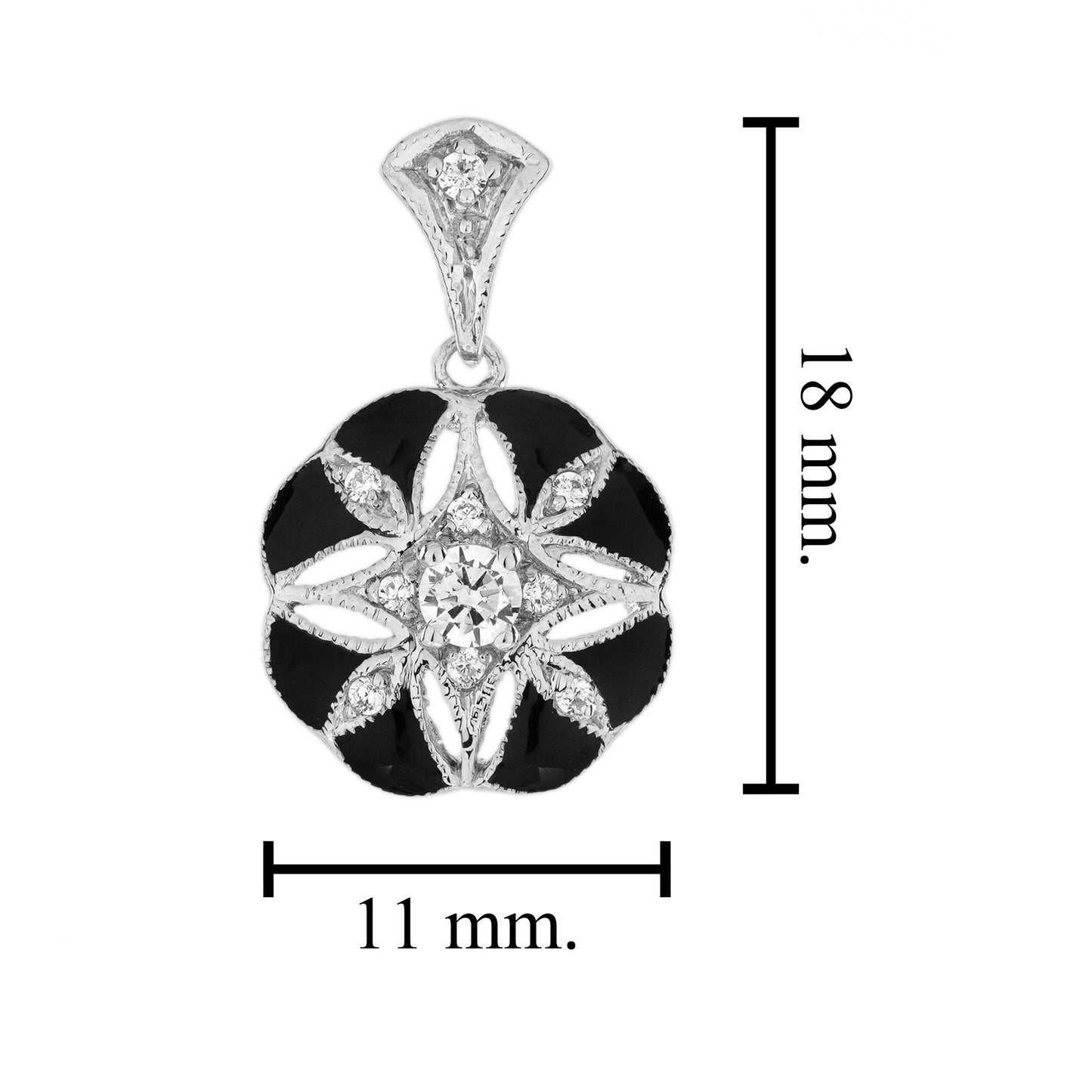 diamond & black enamel art deco style floral flower 14k white gold drop pendant