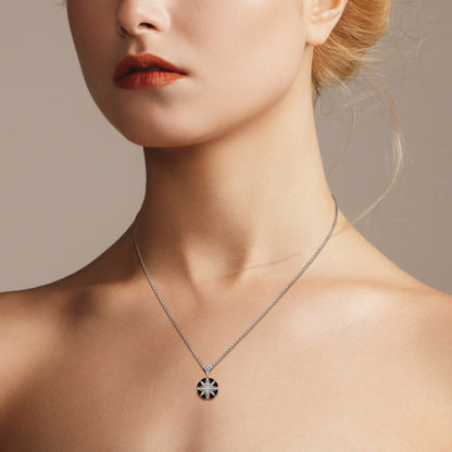 Diamond & Black Enamel Art Deco Style Floral Flower 14K White Gold Drop Pendant