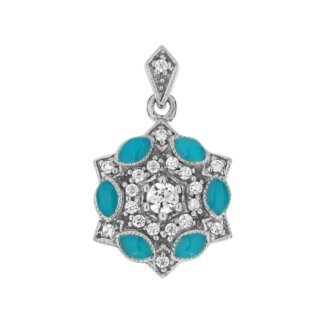 Diamond & Blue Enamel Art Deco Style Floral Flower 14K White Gold Drop Pendant