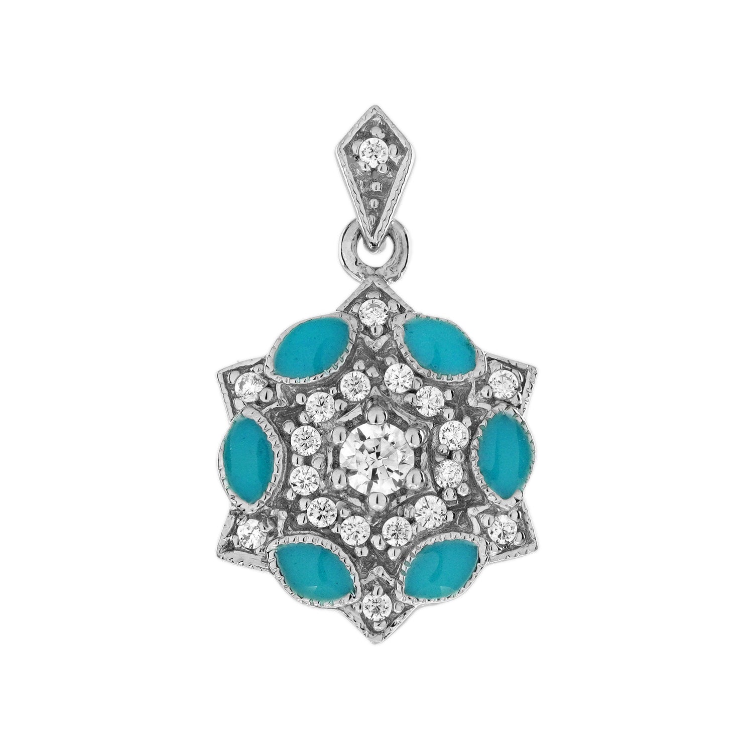 Diamond Blue Enamel Art Deco Style Floral Halo Earring Ring &amp; Pendant Set