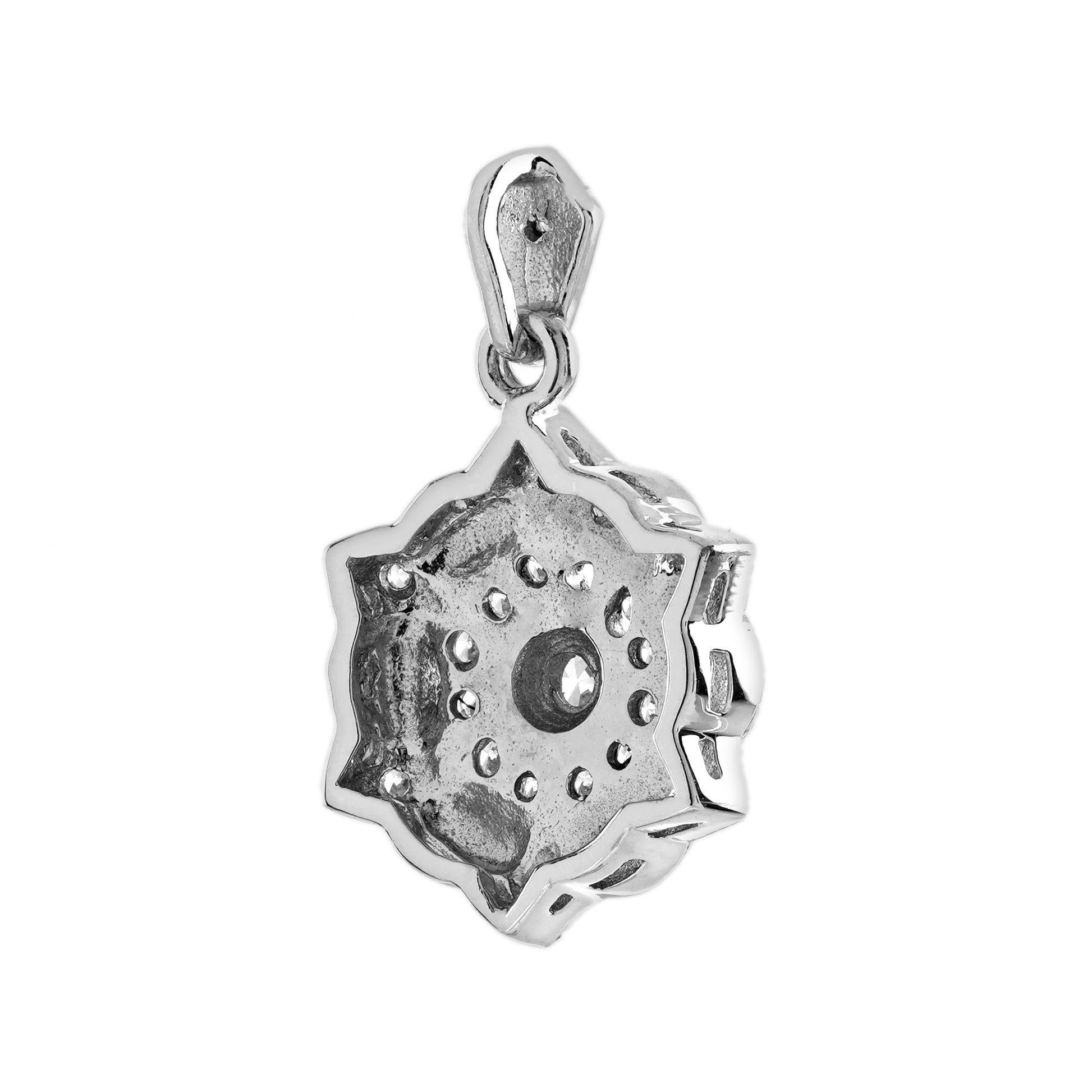 Diamond & Blue Enamel Art Deco Style Floral Flower 14K White Gold Drop Pendant