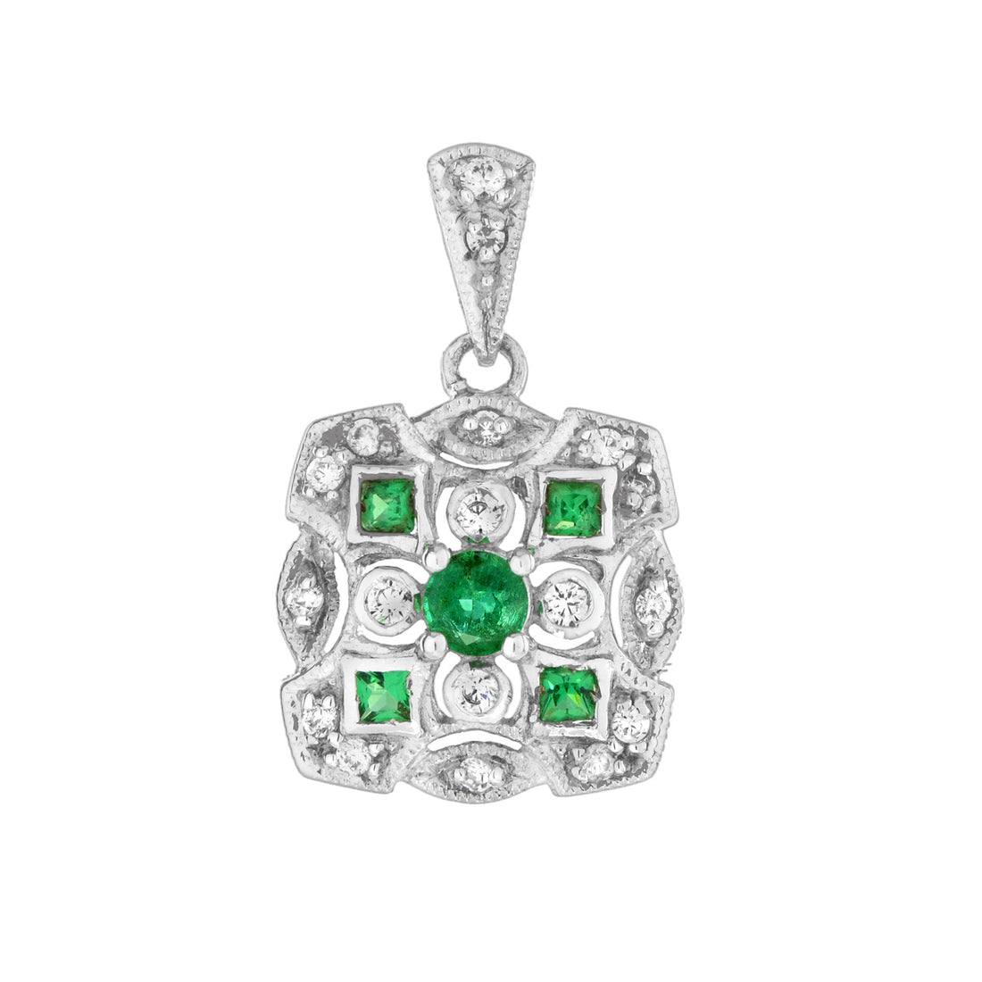 Art Deco Style Green Emerald Diamond Cluster Vintage Inspired White Gold Pendant