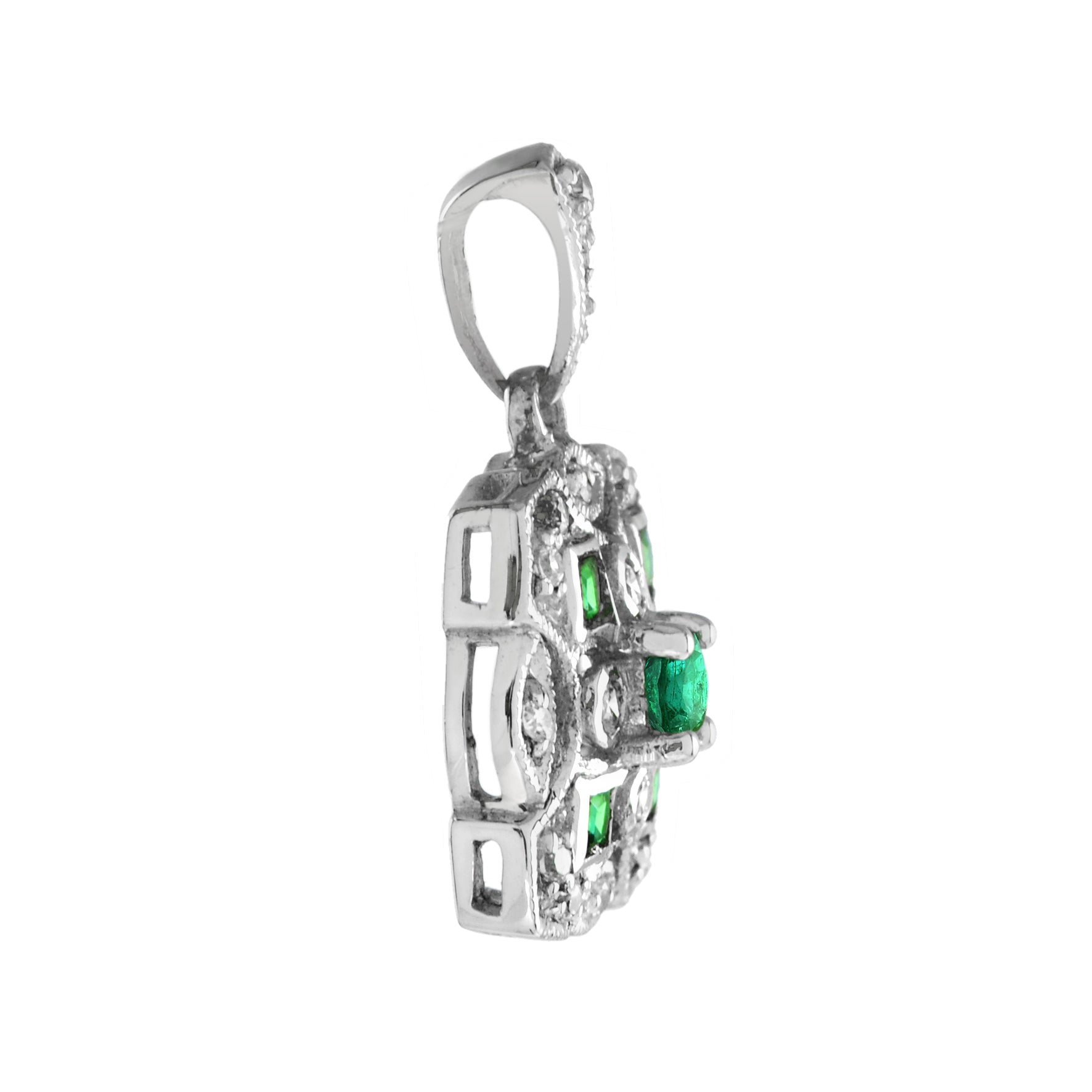 Art Deco Style Green Emerald Diamond Cluster Vintage Inspired White Gold Pendant