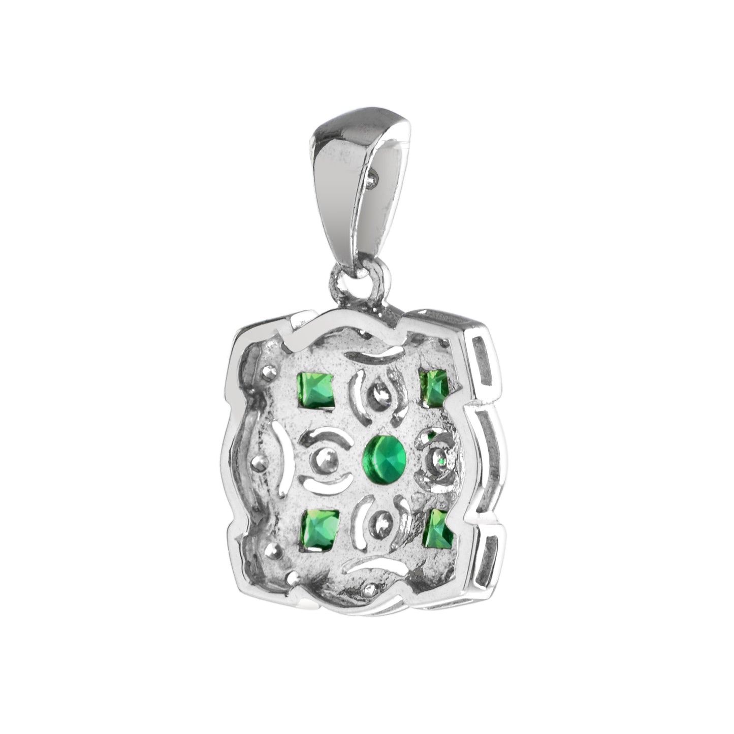 art deco style green emerald diamond cluster vintage inspired white gold pendant