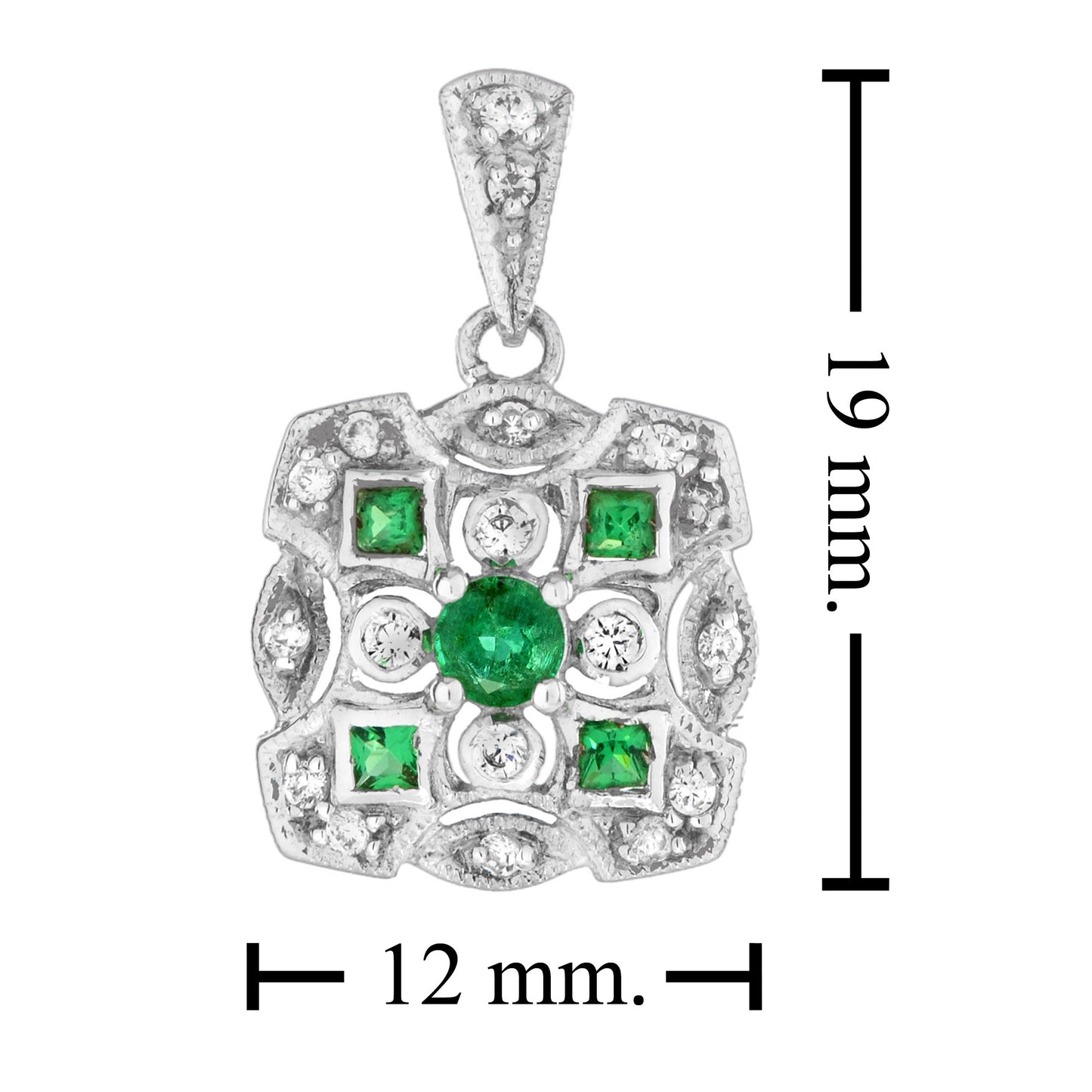 art deco style green emerald diamond cluster vintage inspired white gold pendant