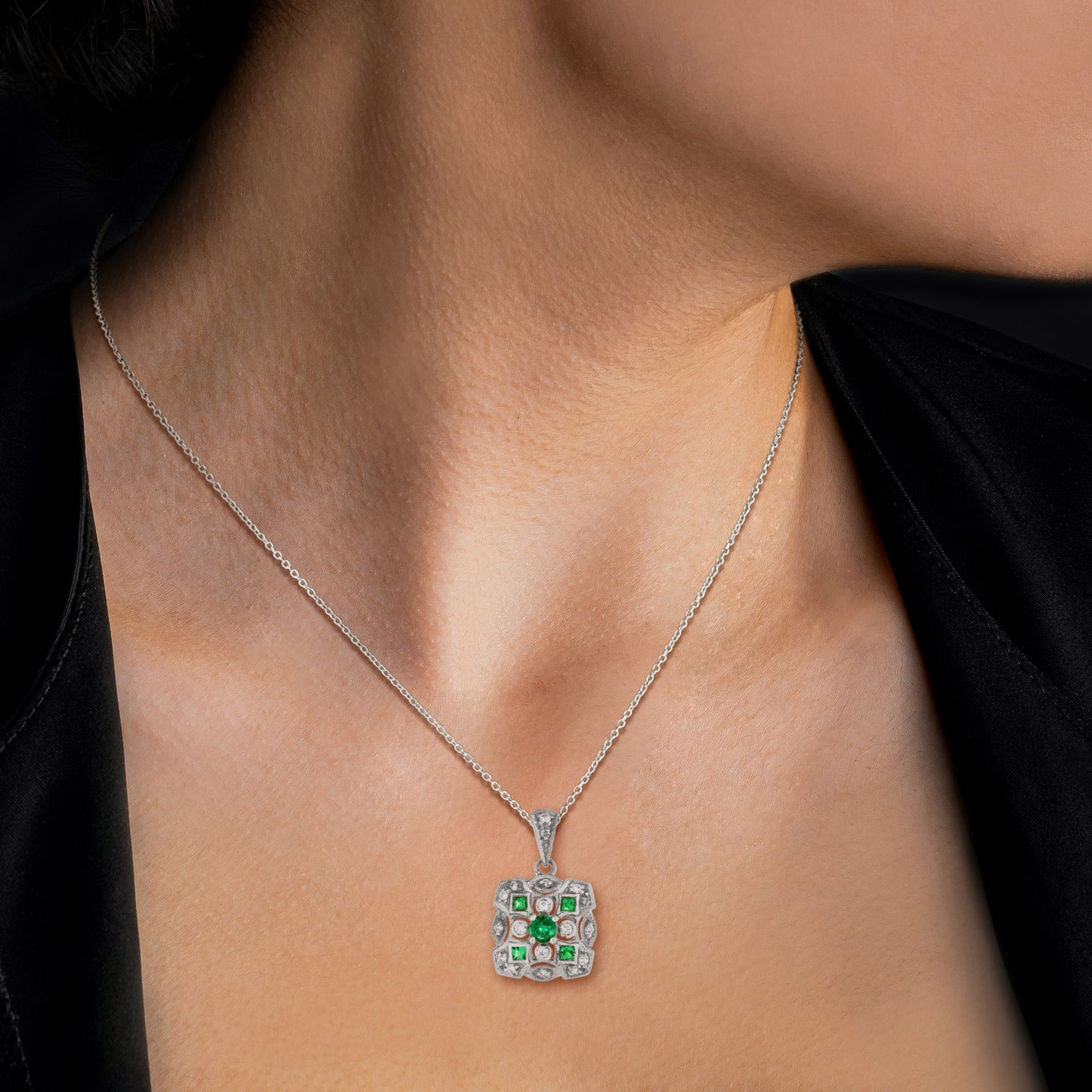 art deco style green emerald diamond cluster vintage inspired white gold pendant