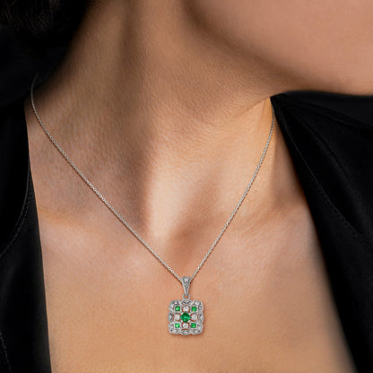 Art Deco Style Green Emerald Diamond Cluster Vintage Inspired White Gold Pendant