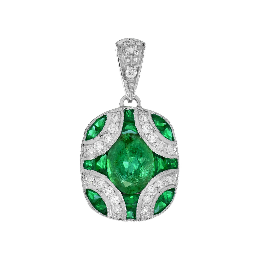 Green Oval Shape Emerald & Diamond Art Deco 14K White Gold Pendant