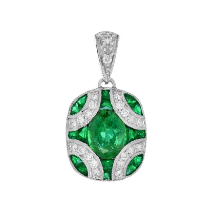 Green Oval Shape Emerald &amp; Diamond Art Deco 14K White Gold Pendant