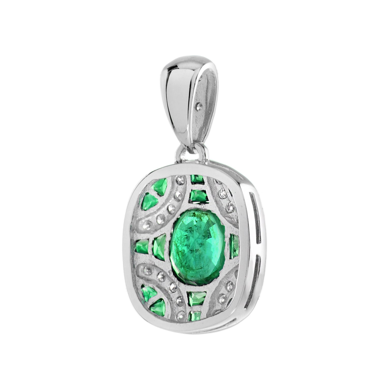 Green Oval Shape Emerald &amp; Diamond Art Deco 14K White Gold Pendant