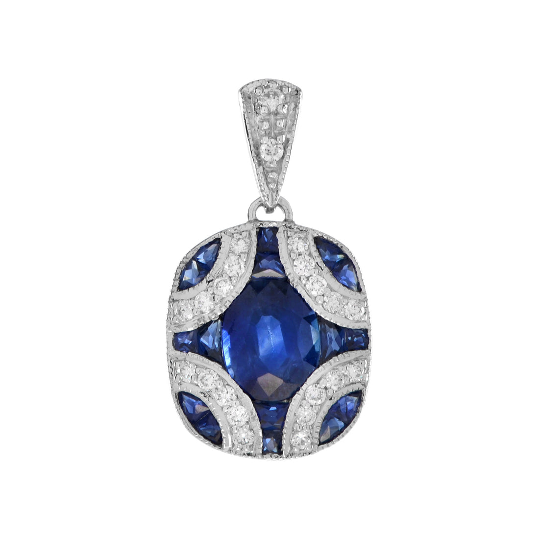 Oval Blue Sapphire &amp; Diamond Curve Art Deco Style 14K White Gold Pendant