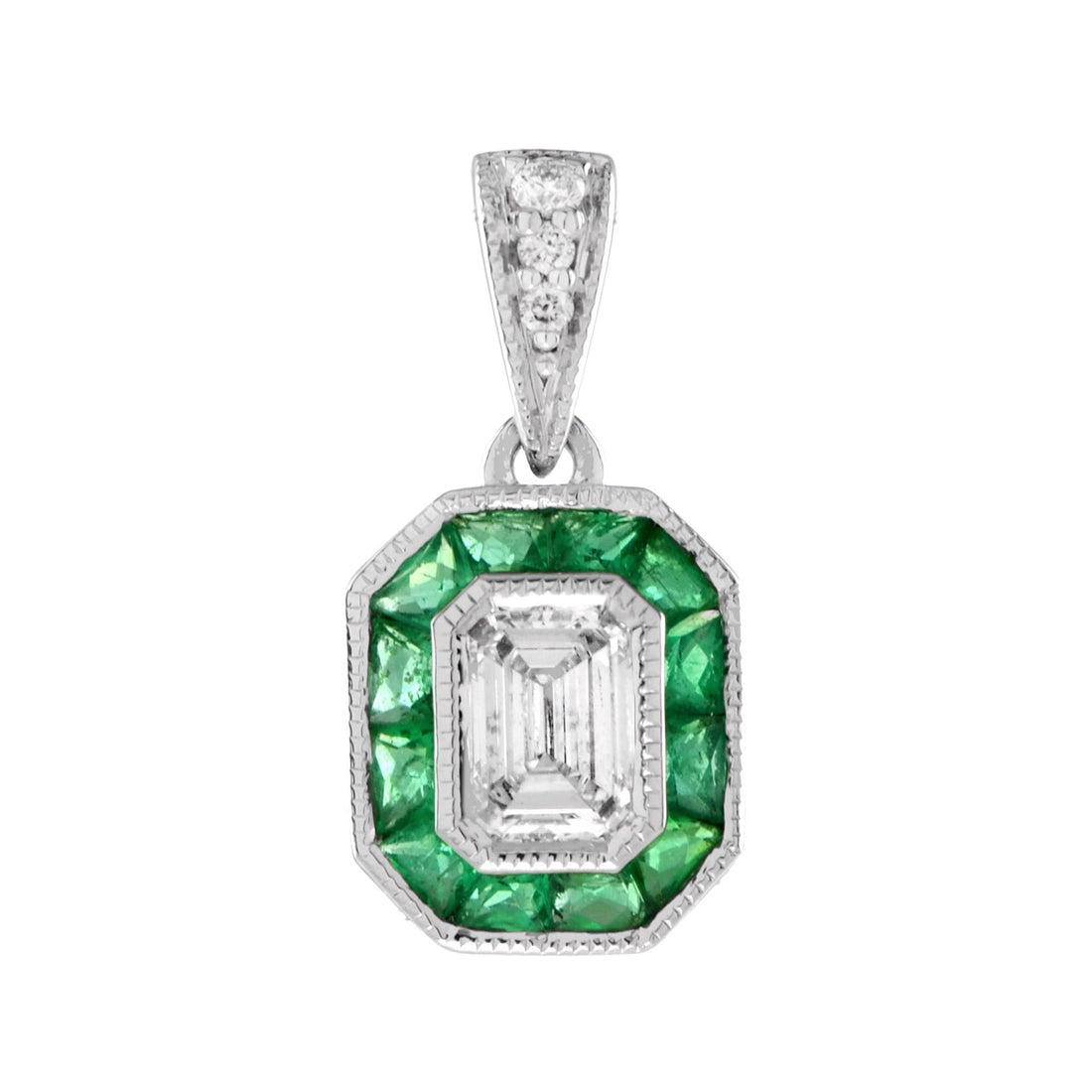 Emerald Cut Diamond & Green Emerald Halo 14K White Gold Pendant