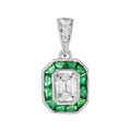 Emerald Cut Diamond & Green Emerald Halo 14K White Gold Pendant