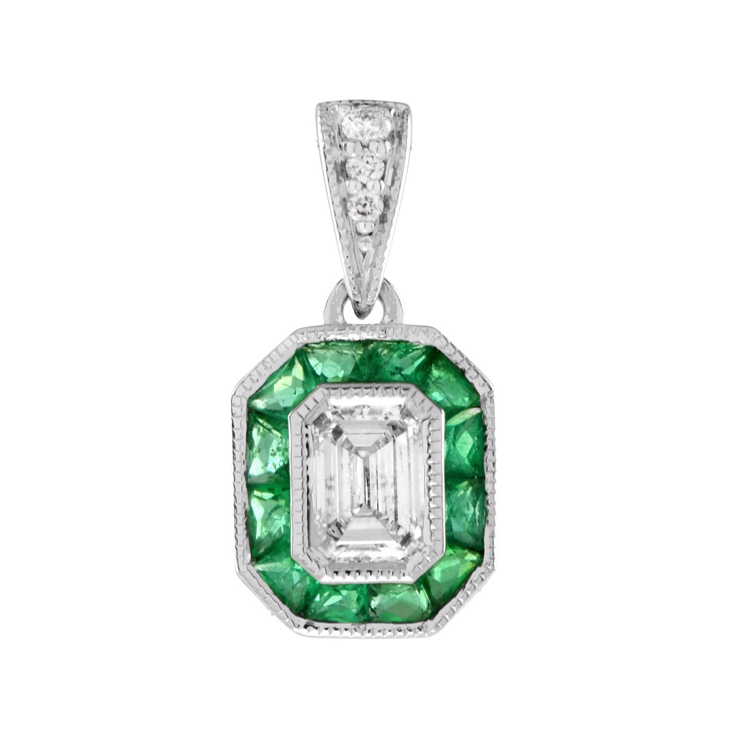 emerald cut diamond & green emerald halo 14k white gold pendant