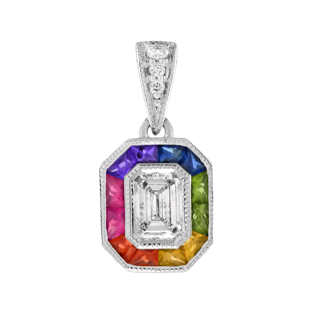 Diamond Rainbow Colored Sapphire Halo Set Art Deco Style 14K White Gold Pendant