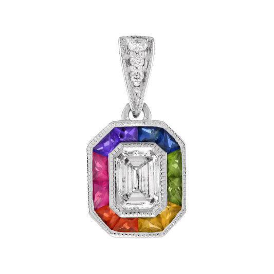 Diamond Rainbow Colored Sapphire Halo Set Art Deco Style 14K White Gold Pendant