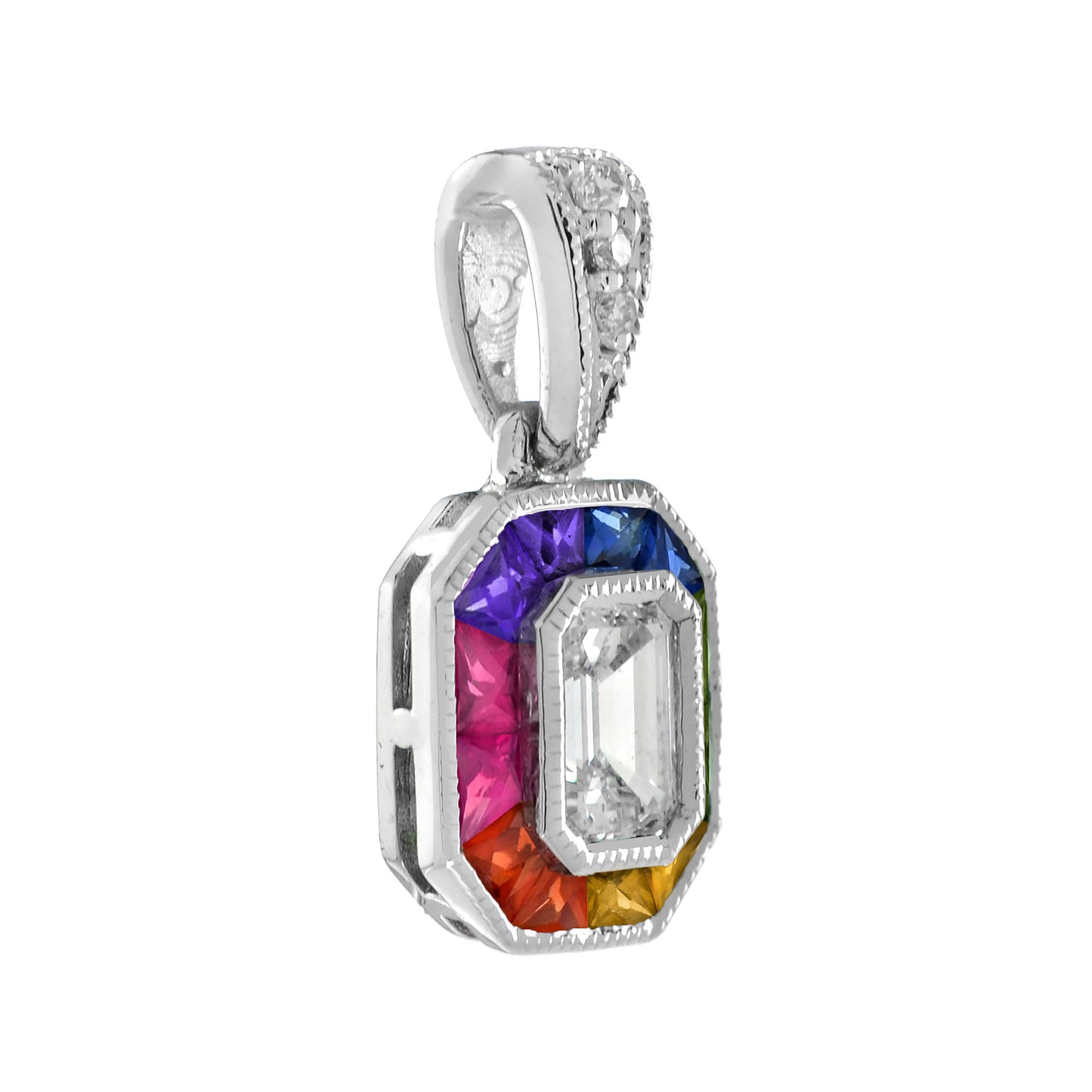diamond rainbow colored sapphire halo set art deco style 14k white gold pendant