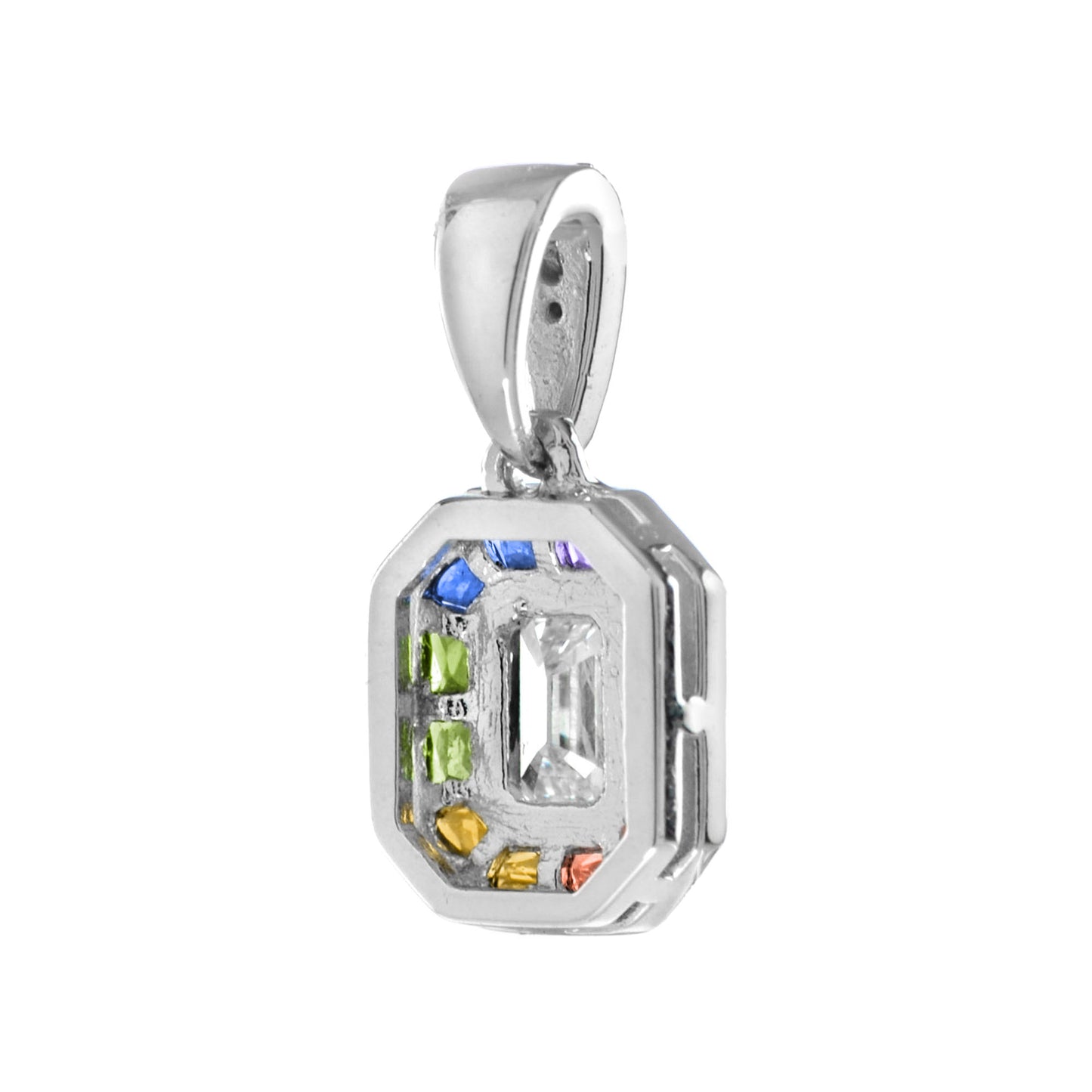 diamond rainbow colored sapphire halo set art deco style 14k white gold pendant
