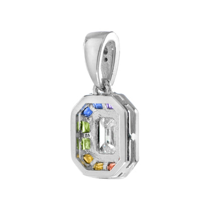 Diamond Rainbow Colored Sapphire Halo Set Art Deco Style 14K White Gold Pendant