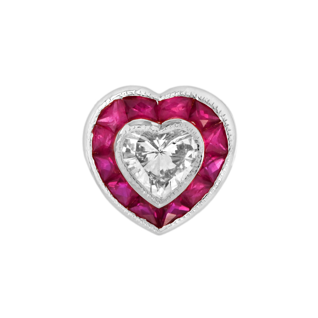 Heart Shape Diamond &amp; Ruby Fancy Halo Art Deco Style Heart White Gold Pendant