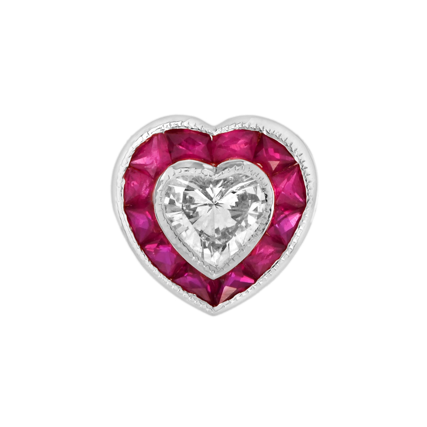 Heart Shape Diamond &amp; Ruby Fancy Halo Art Deco Style Heart White Gold Pendant