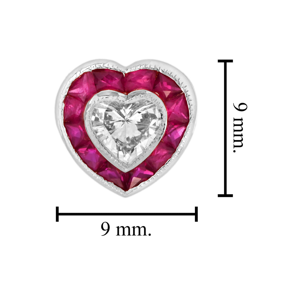 Heart Shape Diamond & Ruby Fancy Halo Art Deco Style Heart White Gold Pendant