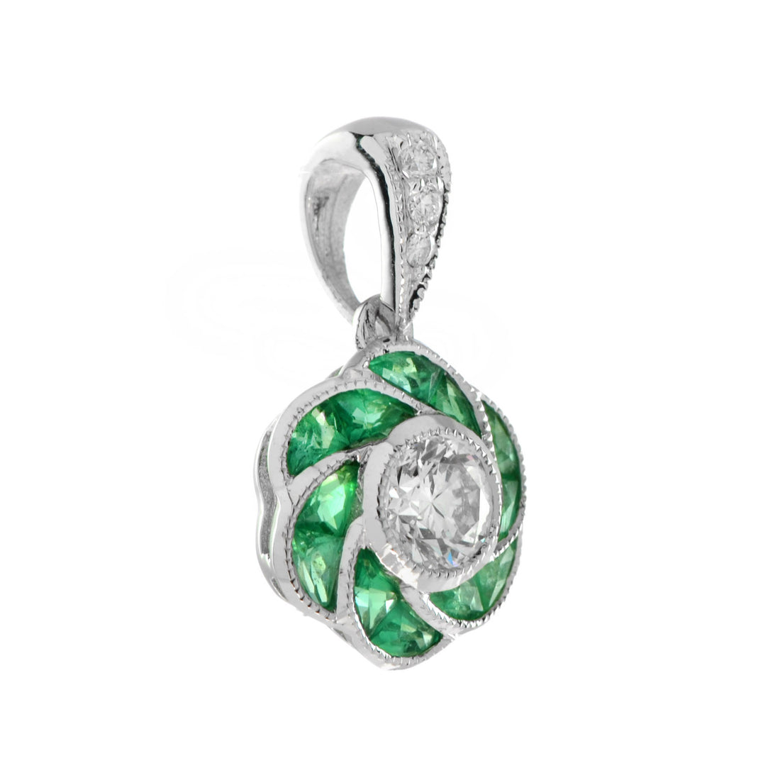 Rose Petal Flower Diamond  French Cut Emerald Art Deco Style White Gold Pendant