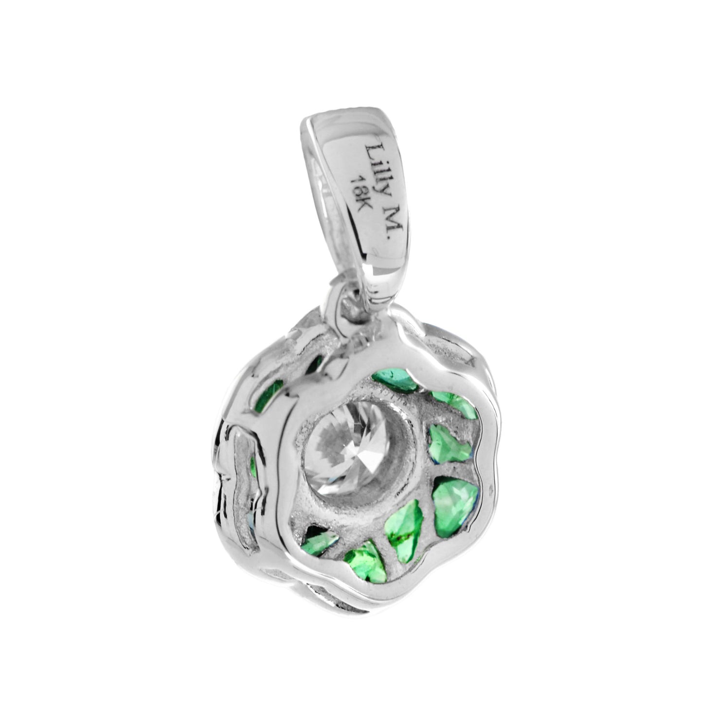 rose petal flower diamond  french cut emerald art deco style white gold pendant