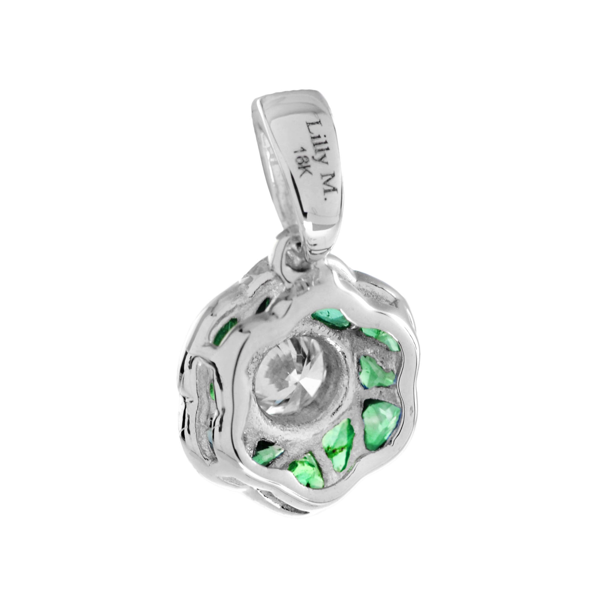 Rose Petal Flower Diamond  French Cut Emerald Art Deco Style White Gold Pendant