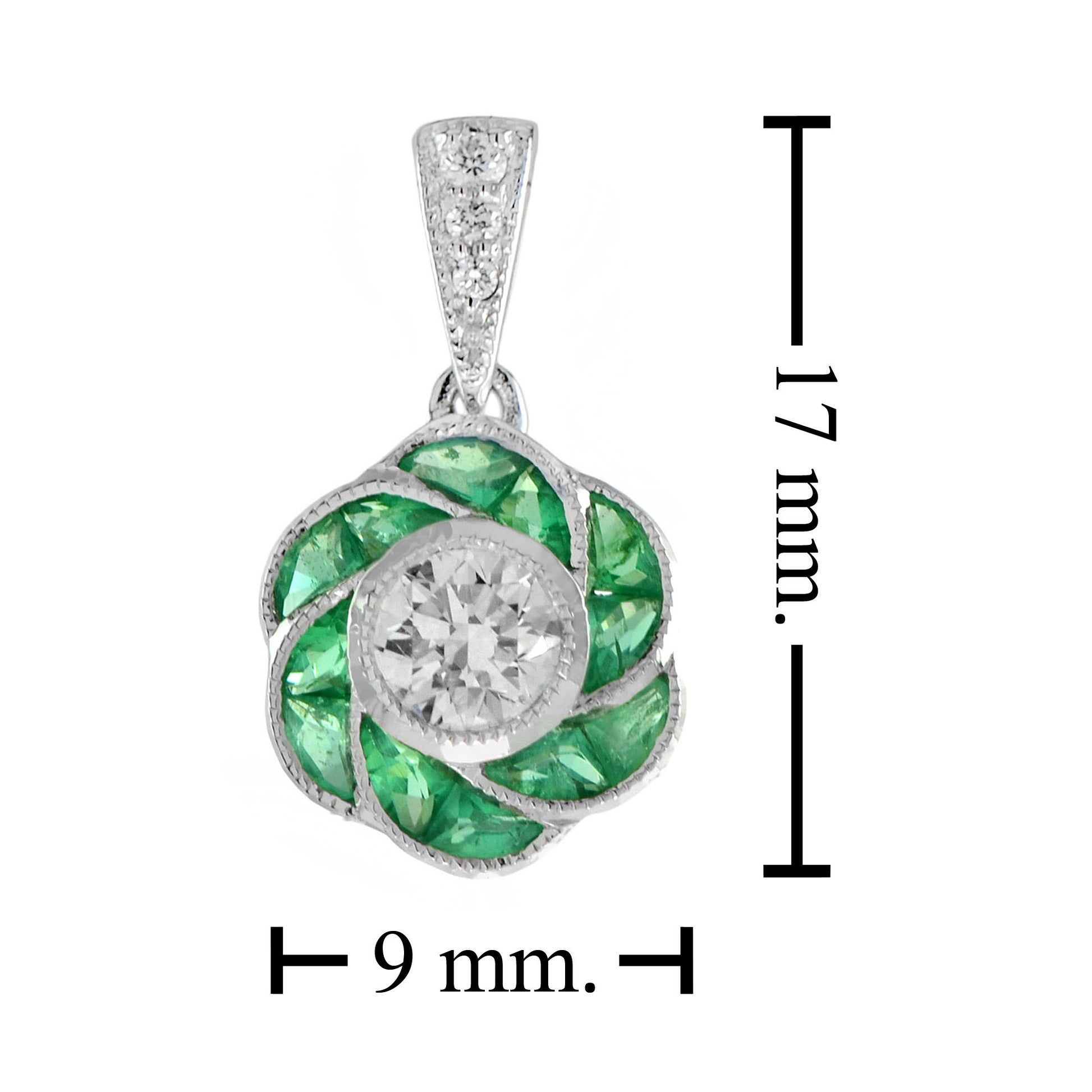 Rose Petal Flower Diamond  French Cut Emerald Art Deco Style White Gold Pendant