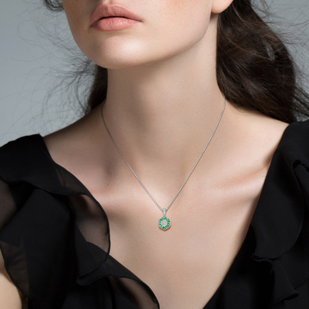 Rose Petal Flower Diamond  French Cut Emerald Art Deco Style White Gold Pendant