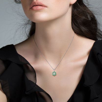 Rose Petal Flower Diamond  French Cut Emerald Art Deco Style White Gold Pendant