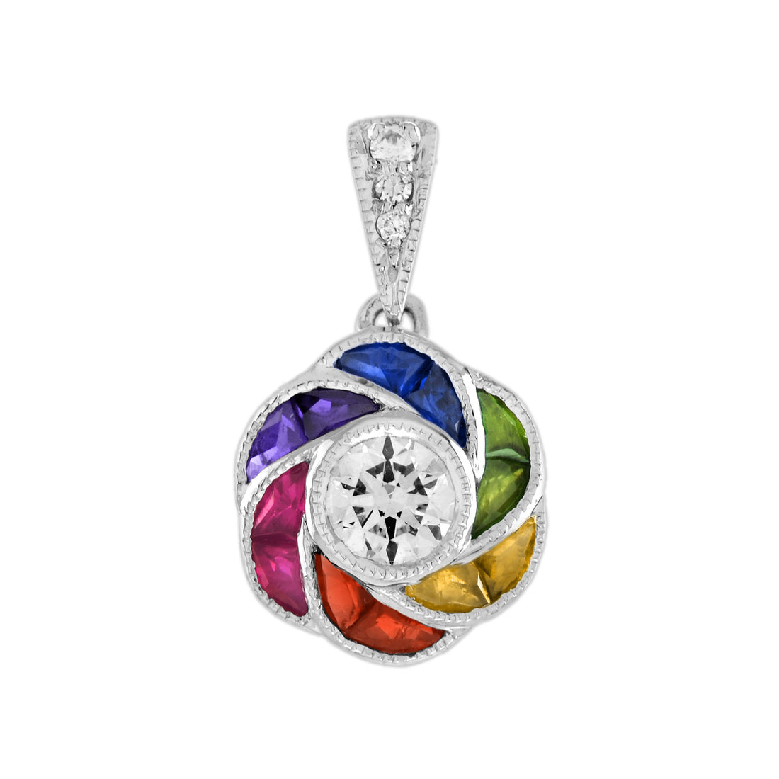 Diamond & Rainbow Sapphire Art Deco Style Floral 14K White Gold Pendant