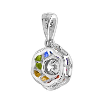 Diamond & Rainbow Sapphire Art Deco Style Floral 14K White Gold Pendant