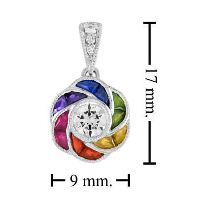 Diamond & Rainbow Sapphire Art Deco Style Floral 14K White Gold Pendant