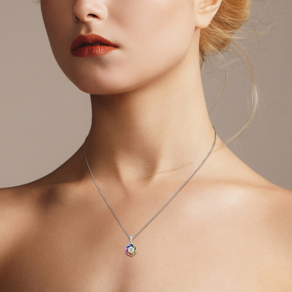 Diamond & Rainbow Sapphire Art Deco Style Floral 14K White Gold Pendant