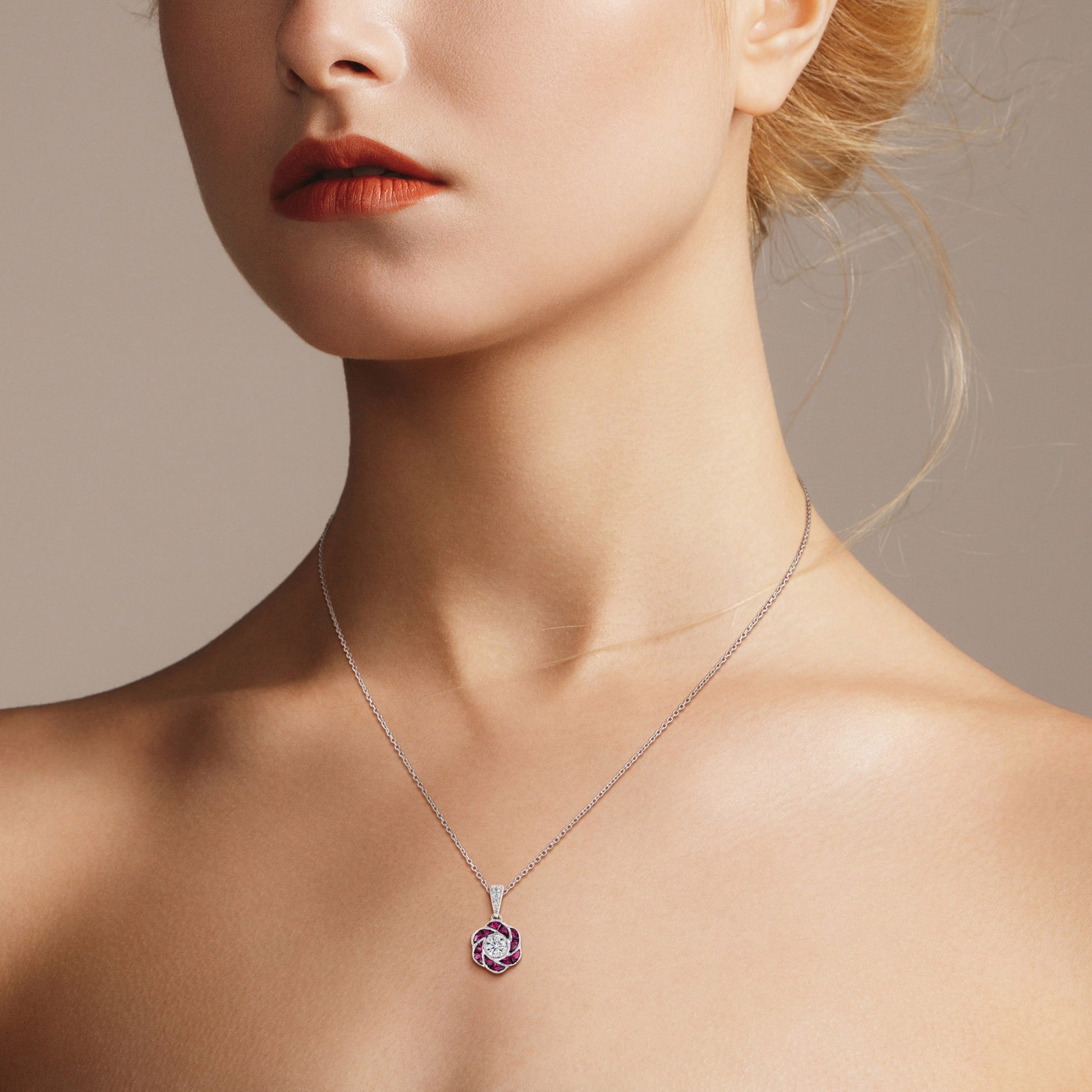 Rose Petal Flower Diamond with French Cut Ruby Art Deco Style White Gold Pendant