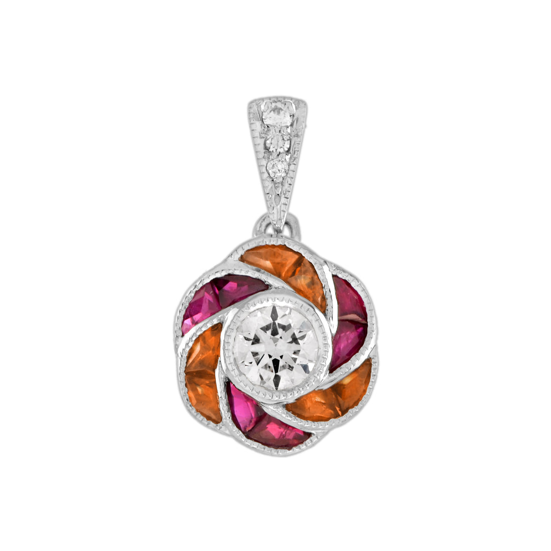 Round Diamond Red Pink Ruby Orange Sapphire Floral 18K White Gold Pendant