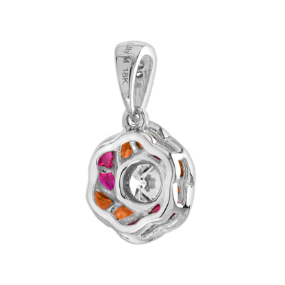 Round Diamond Red Pink Ruby Orange Sapphire Floral 18K White Gold Pendant