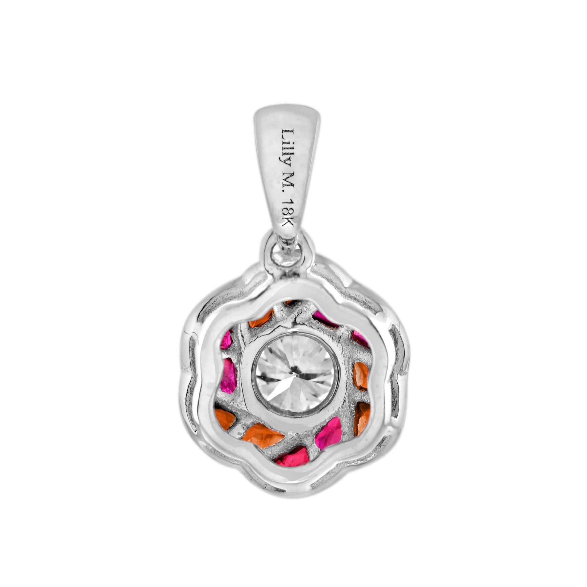 Round Diamond Red Pink Ruby Orange Sapphire Floral 18K White Gold Pendant