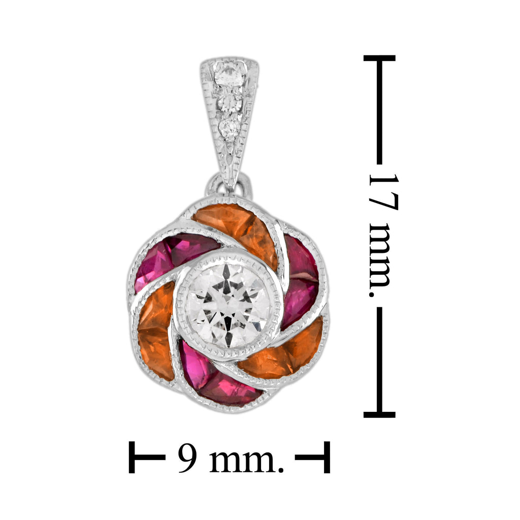 Round Diamond Red Pink Ruby Orange Sapphire Floral 18K White Gold Pendant