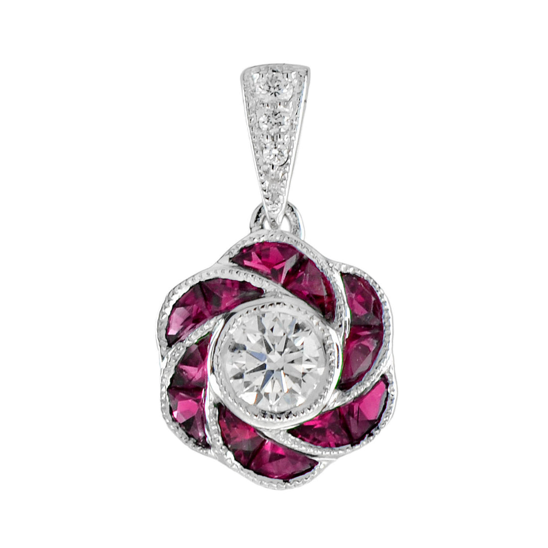 Rose Petal Flower Diamond with French Cut Ruby Art Deco Style White Gold Pendant