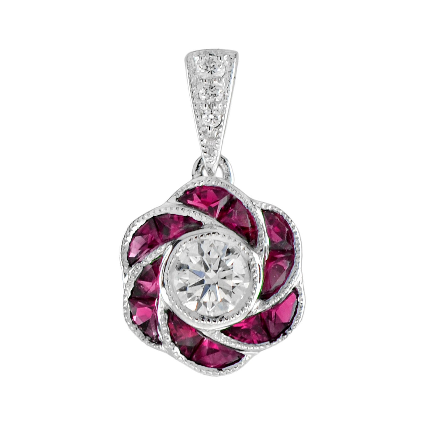 rose petal flower diamond with french cut ruby art deco style white gold pendant